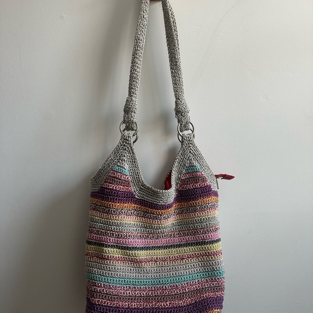 The Sak Rainbow Stripe Crochet Hobo Shoulder Bag With Zipper Top